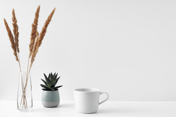 A mug, a potted houseplant and a transparent vase. Eco-friendly materials in the decor of the room, minimalism. Copy space, mock up