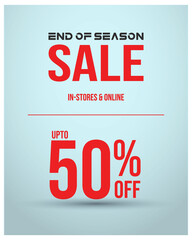 End of season sale with up to 50% discount in all stores and online in red color with cyan background Facebook post template. End of season sale marketing post and banner.