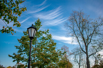 Vintage street lamp on a background of blue sky with clouds and green trees.