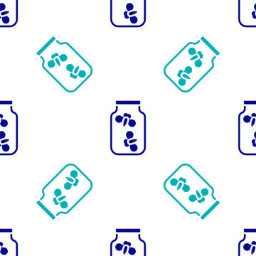 Blue Fireflies Bugs In A Jar Icon Isolated Seamless Pattern On White Background. Vector.