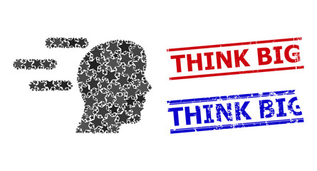 Rush mind star pattern and grunge Think Big seal stamps. Red and blue stamps with grunge texture and Think Big text. Abstract rush mind concept is designed with scattered flat star items.