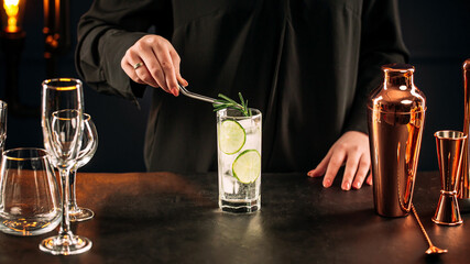 Closeup on woman making fresh gin tonic cocktail with lime slices