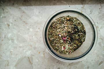Top view of a jar of yerba mate, copy space