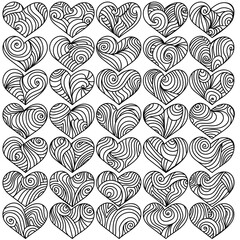 Fototapeta premium Set of hearts with spiral patterns and flowing waves, contour twists for Valentine's Day