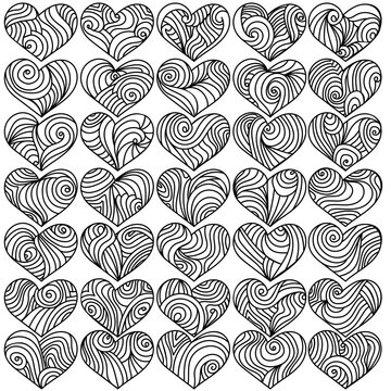 Set of hearts with spiral patterns and flowing waves, contour twists for Valentine's Day