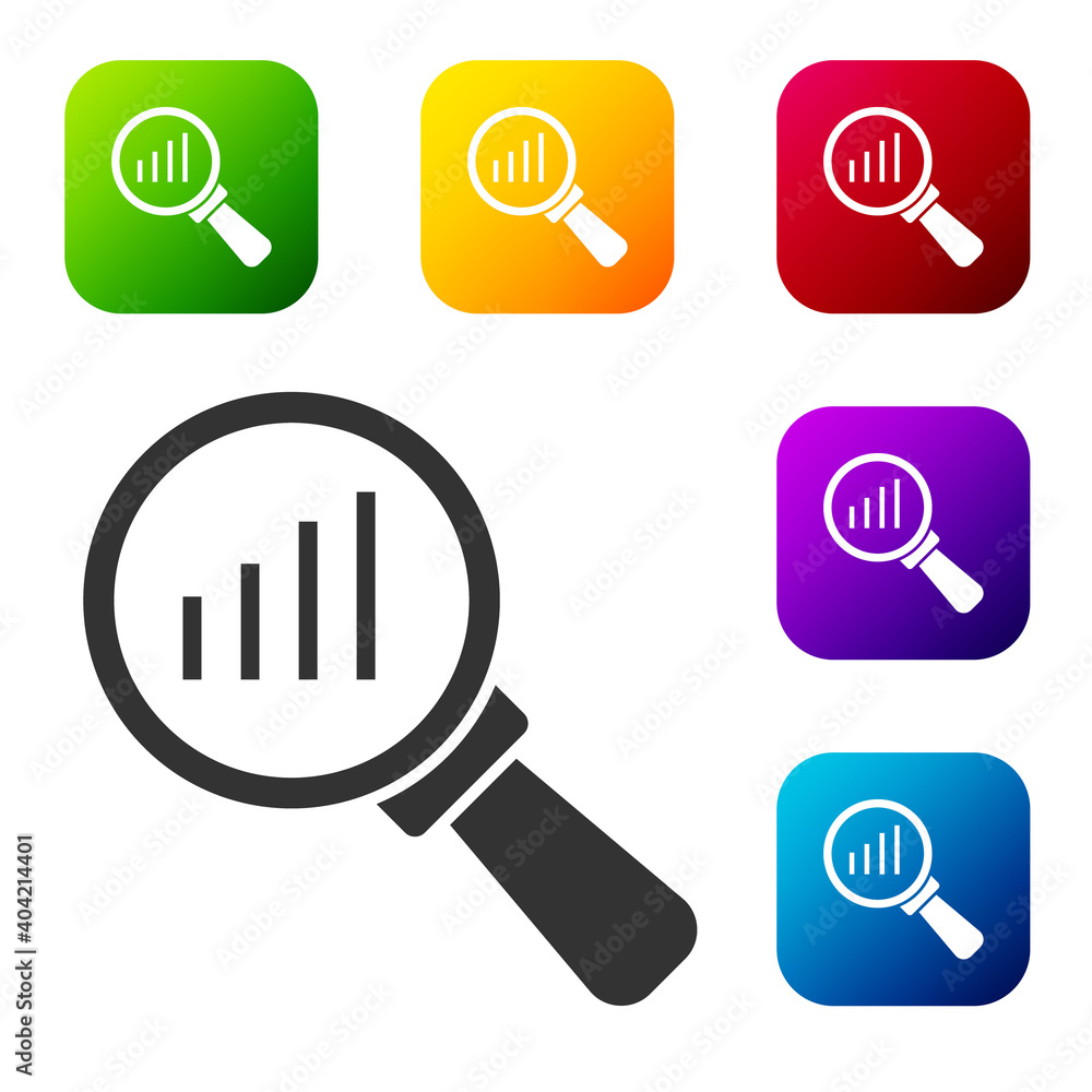 Aufkleber black magnifying glass and data analysis icon isolated on white background. set icons in color squar