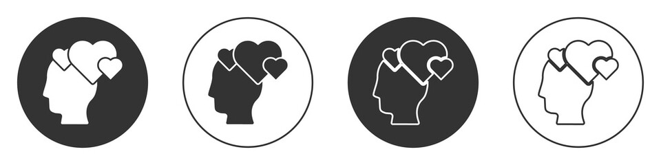 Black Human head with heart icon isolated on white background. Love concept with human head. Circle button. Vector.