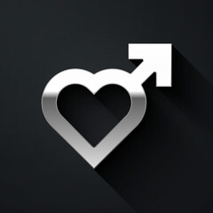 Silver Heart with male gender symbol icon isolated on black background. Long shadow style. Vector.