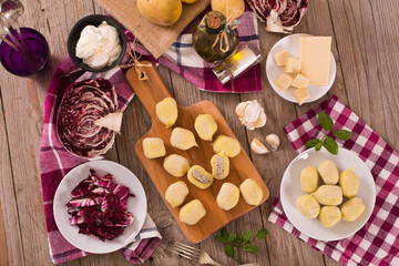 Potato gnocchi stuffed with radicchio and ricotta.
