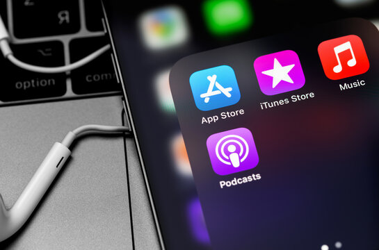 App Store, Apple Music, iTunes Store, Podcasts icon apps on the screen iPhone. Apple Music is a music service provided by Apple. Moscow, Russia - December 5, 2020