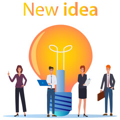Businessmen and a light bulb.The concept of teamwork, finding new ideas and creating a new business.Flat vector illustration.