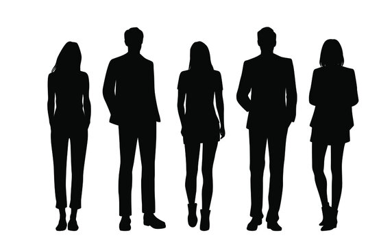 Vector silhouettes of  men and a women, a group of standing  business people, black  color isolated on white background