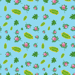 Tropical seamless pattern with protea flowers and leaves