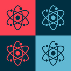 Pop art Atom icon isolated on color background. Symbol of science, education, nuclear physics, scientific research. Vector.