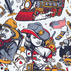 Wild West seamless pattern. Western background. American history background. Old school tattoo style. Texas art. Cowboy girl, digger, train and golden horseshoe, USA map