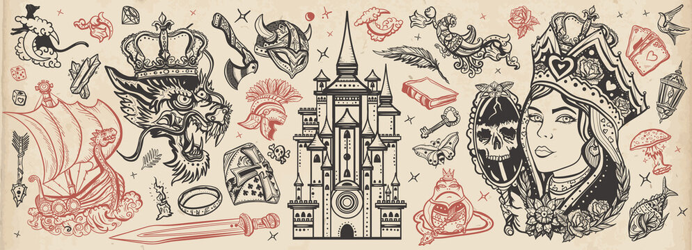 Fairy tales old school tattoo vector collection. Middle Ages magic legends. Fantasy tattooing style. Medieval castle, queen in the golden, crown, dragon, knight, viking boat, sword and princess frog