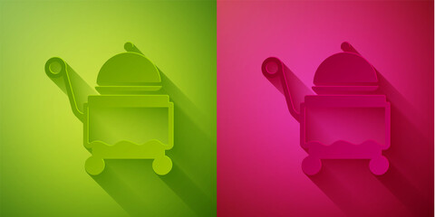 Paper cut Covered with a tray of food icon isolated on green and pink background. Tray and lid sign. Restaurant cloche with lid. Paper art style. Vector.