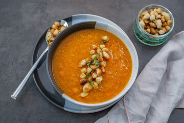 Pumpkin soup bowls with seeds 