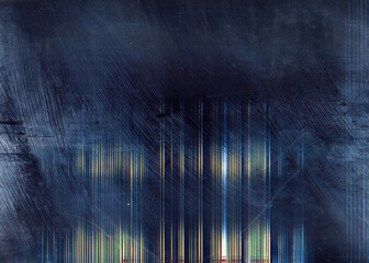 Distressed overlay. Distorted screen. Dark blue stained filter with colorful glitch noise stripes...