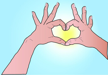 hands in the shape of a heart on a blue sky background