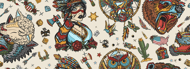 Native American Indian old school tattoo style. Seamless pattern Ethnic warrior girl, wolves and bear, dream catcher. Tribal culture and history. Traditional tattooing art