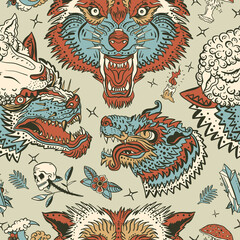 Wolves pattern. Dark gothic background. Magic fairy tale style. Werewolf in sheep clothing