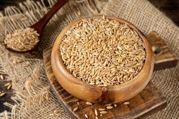 Spelt wheat in a wooden bowl on a brown wooden table. Spelt cereal culture for a healthy diet