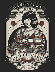 Plakat Criminal elegant noir woman. Old Chicago vector concept. Tattoo and t-shirt design. Casino lady croupier, pin up girl, gangster car, roulette wheel, weapons, gamblings. Crime movies art