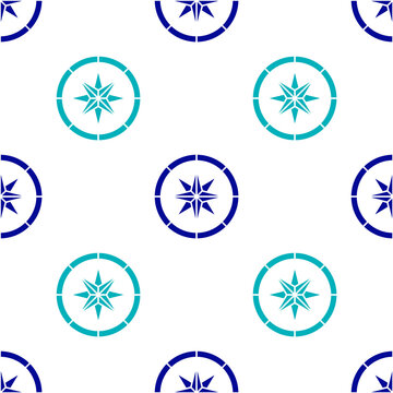 Blue Compass icon isolated seamless pattern on white background. Windrose navigation symbol. Wind rose sign. Vector.