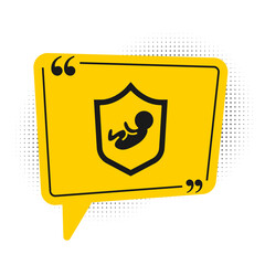 Black Baby on shield icon isolated on white background. Child safety sign. Yellow speech bubble symbol. Vector.
