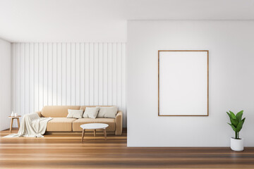 White living room interior with sofa and poster