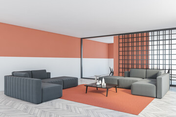 Fototapeta na wymiar White and peach open space studio, furniture on grey wooden floor