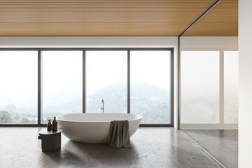 Panoramic white and wooden bathroom with tub