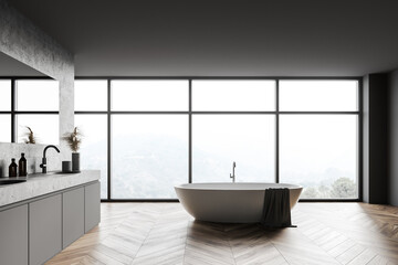 Fototapeta na wymiar Panoramic gray bathroom with sink and tub