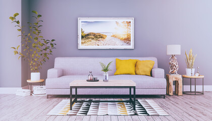 3d Illustration - Skandinavisches, nordisches Wohnzimmer mit einem Sofa, Tisch und einem Bild an der Wand - Textfreiraum - Platzhalter - Retro Look