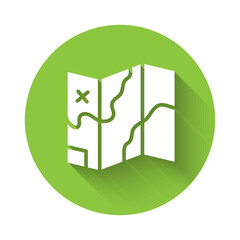 White Folded map icon isolated with long shadow. Green circle button. Vector.