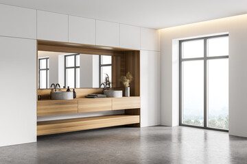 White and wooden bathroom corner with double sink