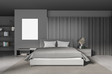 Gray and wooden master bedroom interior with poster