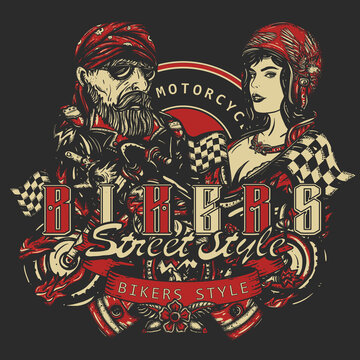 Bikers. Street style slogan. Road racers art. Tattoo and t-shirt design. Rider sport moto woman, female motorcyclist, bearded biker man, burning motorcycle