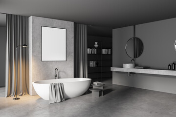 Fototapeta na wymiar Modern gray bathroom corner with tub, poster and sink