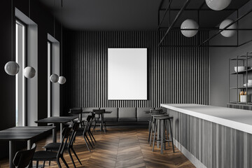 Dark gray cafe interior with bar, tables and poster