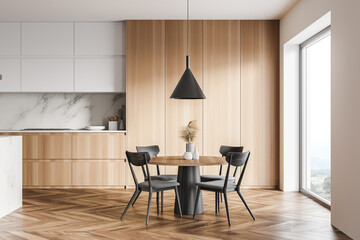 White and wooden kitchen with table