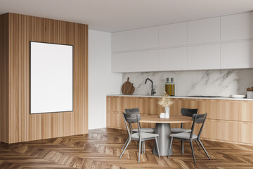 White and wooden kitchen corner with table and poster
