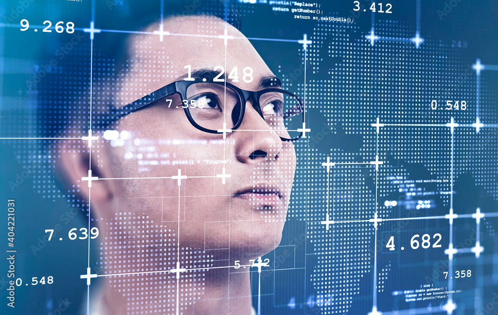 Canvas Prints asian man in glasses and network interface