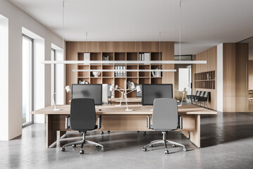 Fototapeta na wymiar White and wooden open space office interior