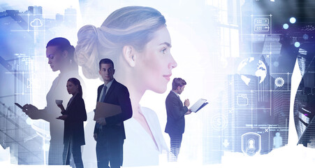 Business people in city, network interface