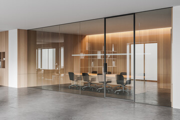 Wooden and glass meeting room corner - obrazy, fototapety, plakaty