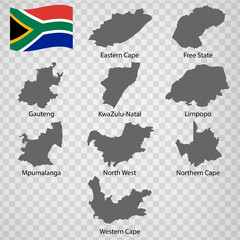 Nine Maps  provinces of South Africa - alphabetical order with name. Every single map of Province are listed and isolated with wordings and titles. South Africa. EPS 10.