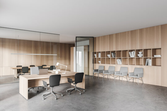 Wooden open space office and meeting room corner