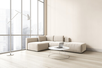 Light living room with white sofa on parquet floor with coffee table